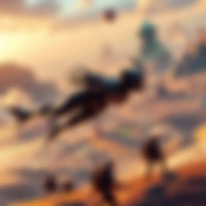 Mysterious Warframe in Action A Warframe swiftly moving across a vast game map, showcasing its speed and agility, with players watching in amazement.