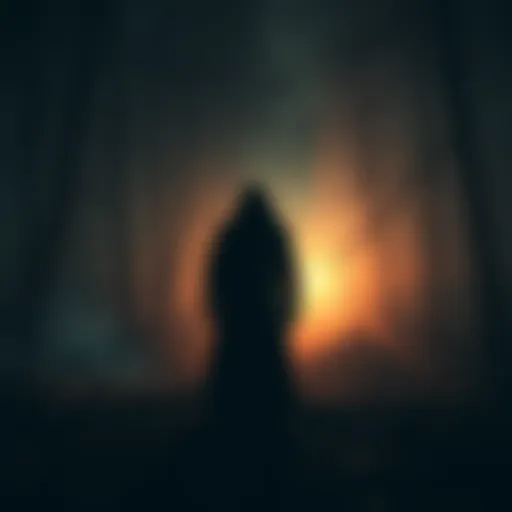 A shadowy figure stands at the edge of a dark forest, looking back as it fades into the shadows. The ground is littered with debris and a sense of foreboding lingers in the air.