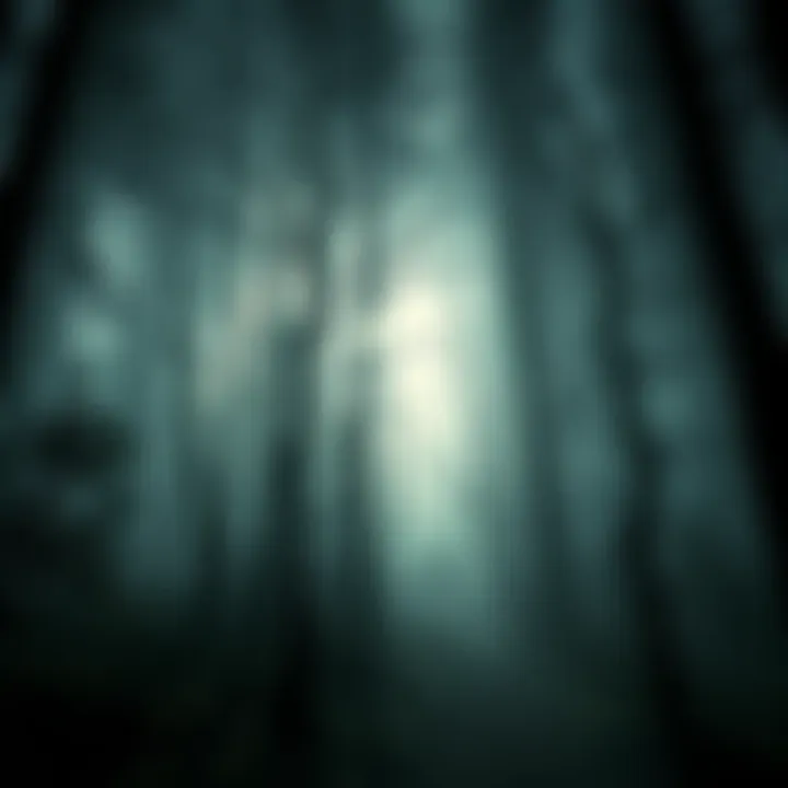 A dark, eerie forest with fog and shadows, hinting at hidden dangers and secrets.