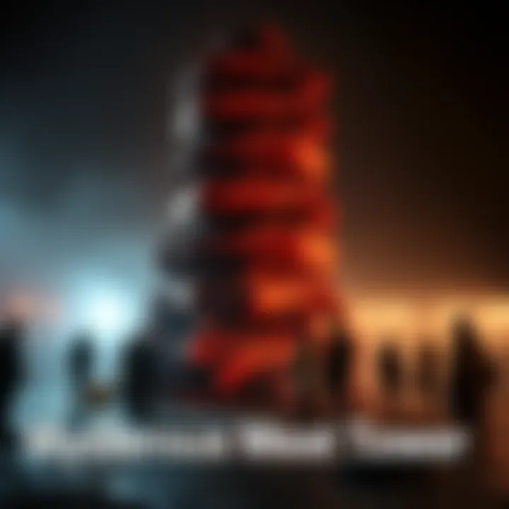 An unusual meat tower, with layers of meat, stands in the background as people gather nearby, discussing its significance.