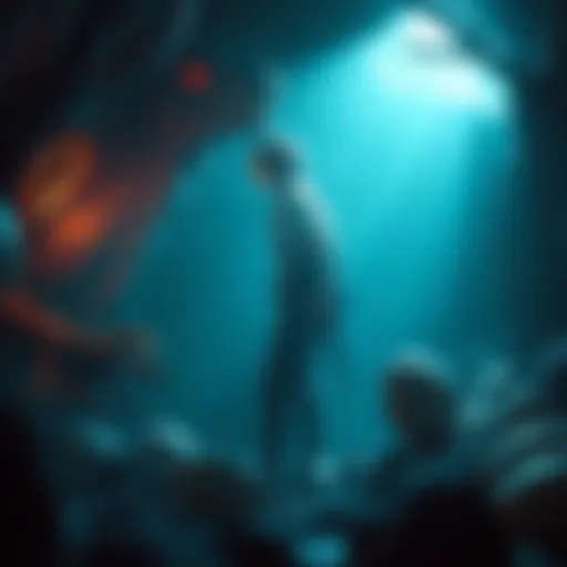 A player stands in front of a strange monster in a dimly lit den, looking puzzled while searching for Rathian eggs.