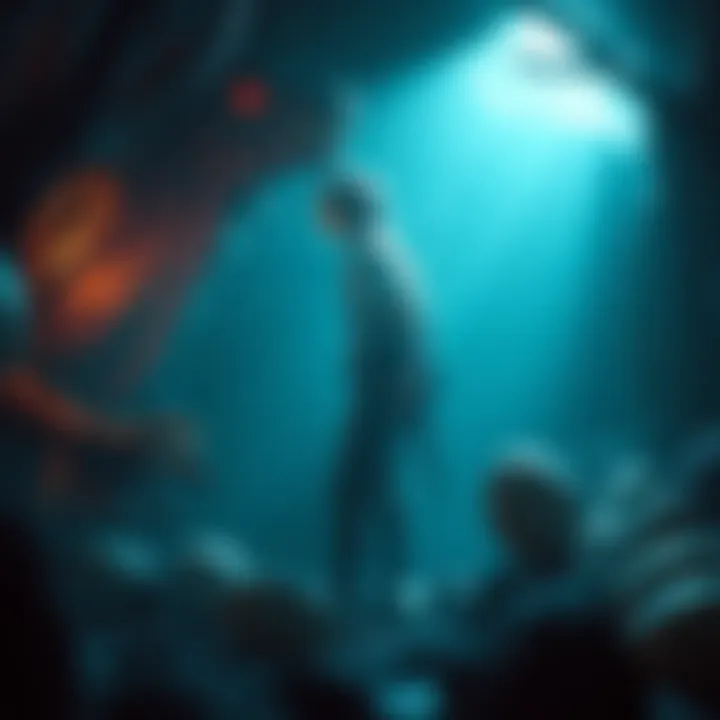 A player stands in front of a strange monster in a dimly lit den, looking puzzled while searching for Rathian eggs.