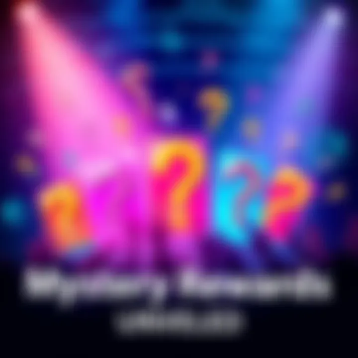 A colorful graphic showcasing different types of mystery rewards with question marks and surprise elements, sparking curiosity among people.