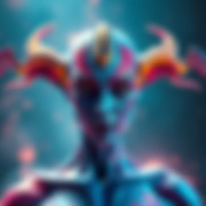 Mystique character transforming into a different skin using a unique emote, showcasing vibrant colors and dynamic effects.