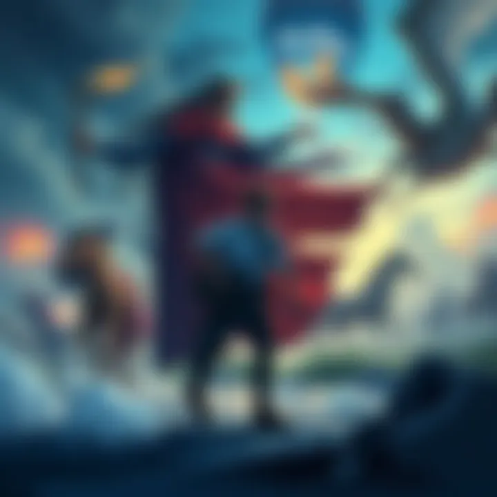 Myth and Motion Contrast An illustration showing a vibrant mythical scene with characters in motion contrasted with a still figure representing Nick in a mundane setting.
