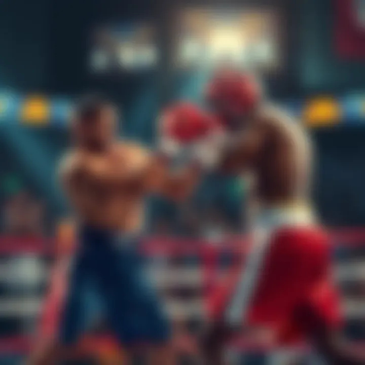 Myth lands a punch on Guapo during an exciting boxing match at Jason's event, with fans cheering in the background.