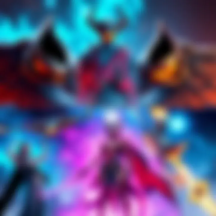 A colorful display of mythic and galactic skins from popular video games, showcasing their unique designs and aesthetics.