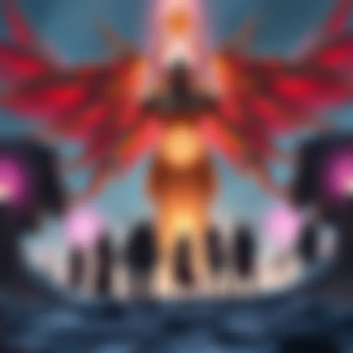 Mythic Archon Quest Scene A group of players strategizing in front of a large, glowing archon statue, showcasing the 'The Message' quest in a game setting.