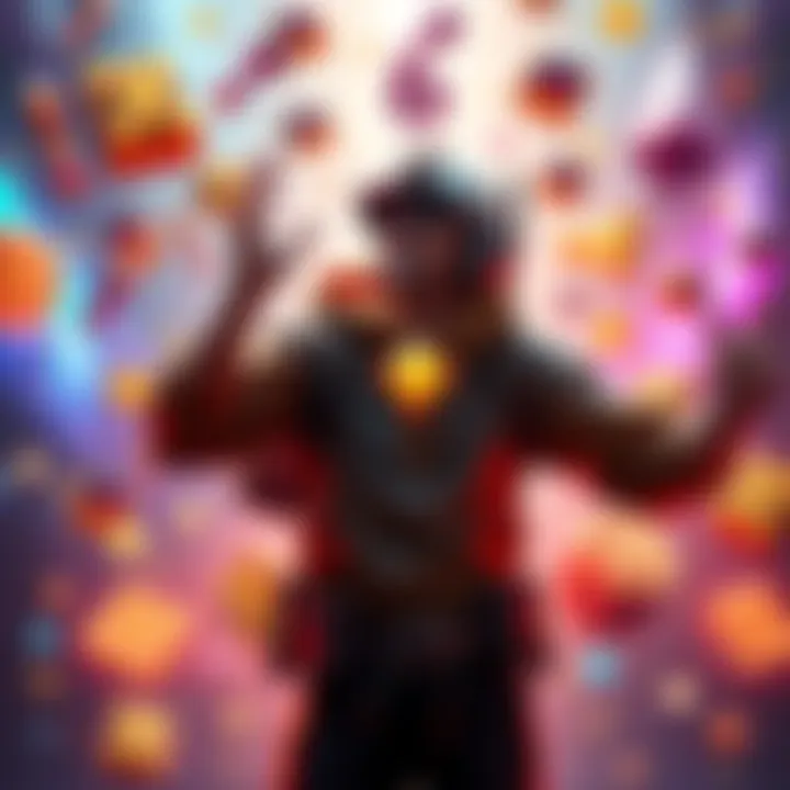 A gamer celebrating after completing a challenge pass, surrounded by colorful rewards and game icons, symbolizing the mythic prize.