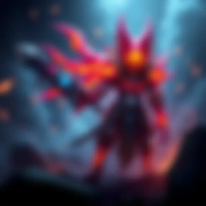 Mythic Skin Concept Concept art showing a vibrant mythic skin for a DPS hero and a tank weapon in a game setting