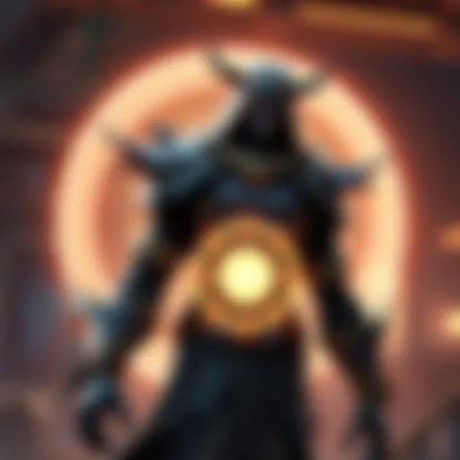 A character wearing a mythic skin with a large glowing circle behind them, highlighting the design feature in a gaming environment.