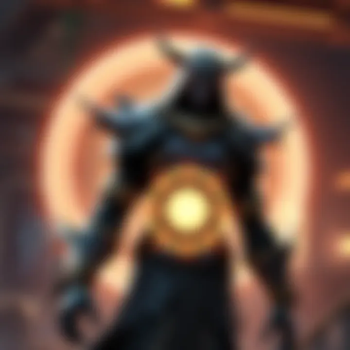 Mythic Skin with Glowing Circle A character wearing a mythic skin with a large glowing circle behind them, highlighting the design feature in a gaming environment.