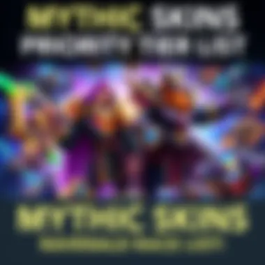 A colorful display of various Mythic Skins ranked by priority, featuring two popular Heroes with their second Mythic Skins highlighted, surrounded by vibrant game-themed designs.