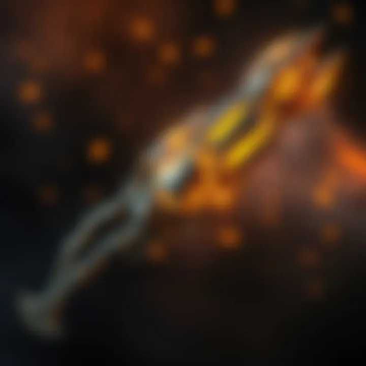 A visually striking mythic weapon featuring intricate designs and glowing elements, set against a dramatic background