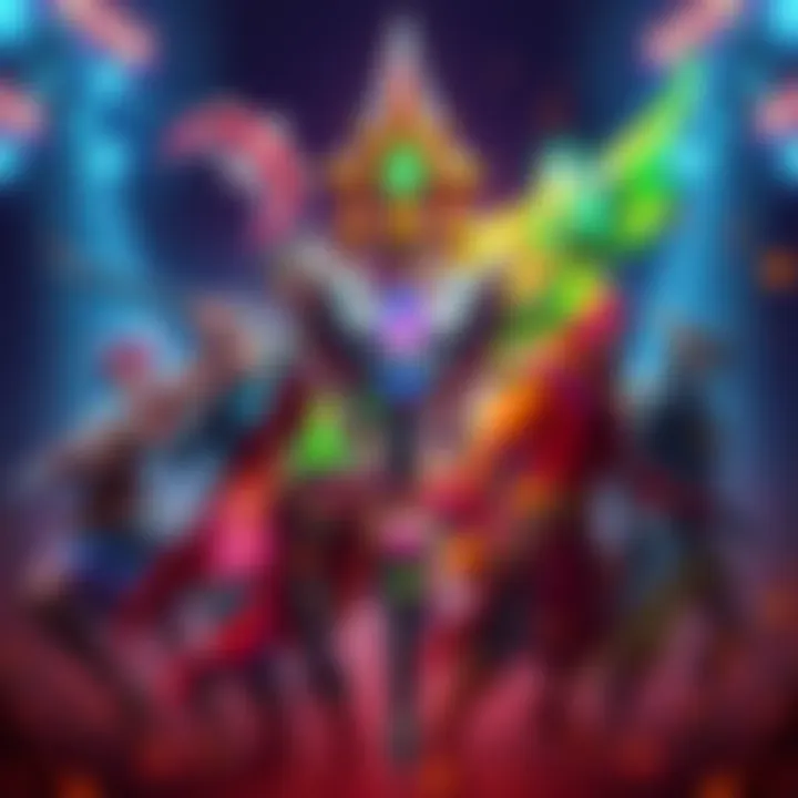 Mythic Weapon and Skins A colorful display of various character skins alongside a shining mythic weapon, inviting fans to think about their favorite pairings.