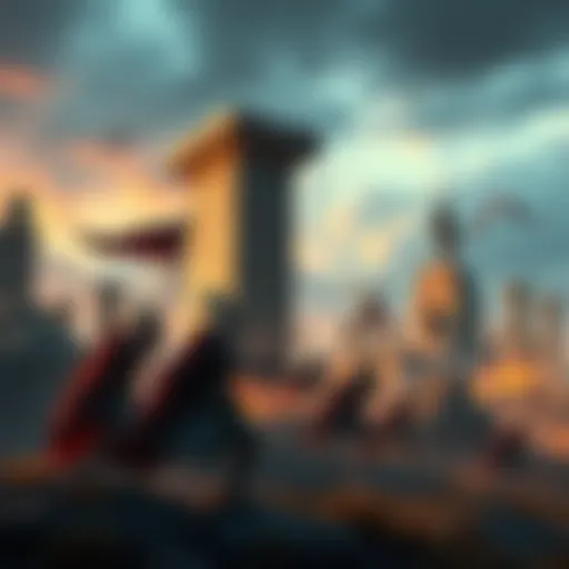 A dramatic scene blending elements of Greek and Norse mythology, featuring warriors in armor, ancient ruins, and Nordic landscapes.