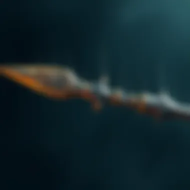 A detailed view of a mythical harpoon with intricate designs, set against a dark, mysterious background.