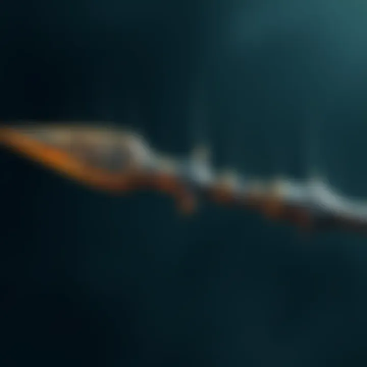 Mythical Harpoon A detailed view of a mythical harpoon with intricate designs, set against a dark, mysterious background.