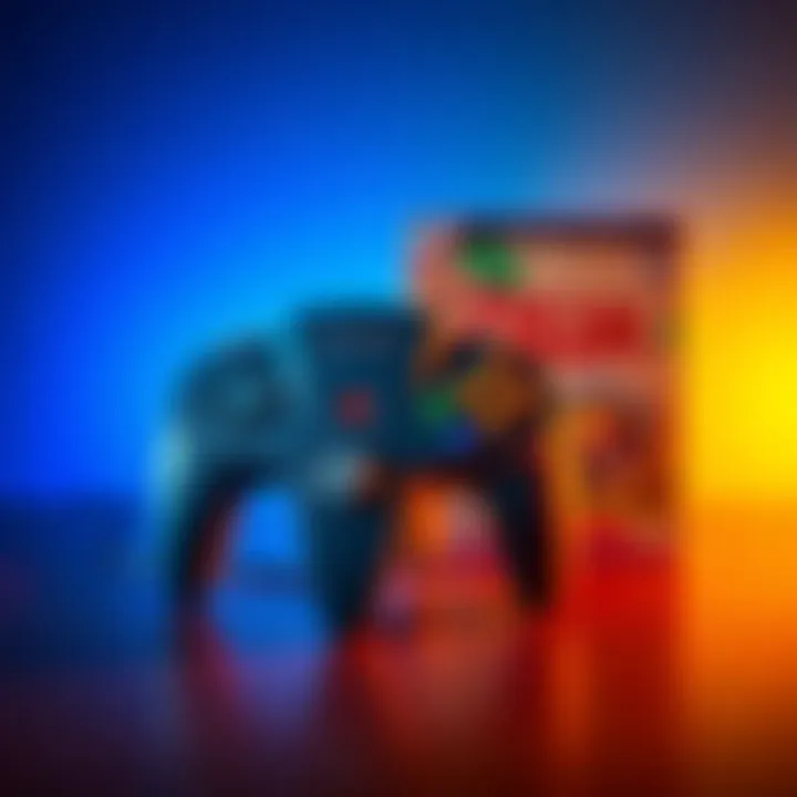 An N64 controller displayed next to a Zelda game case, showing off its design and colors.