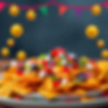 A colorful plate of nachos topped with various toppings, featuring fun emotes and borders around the plate, symbolizing a festive collection event.