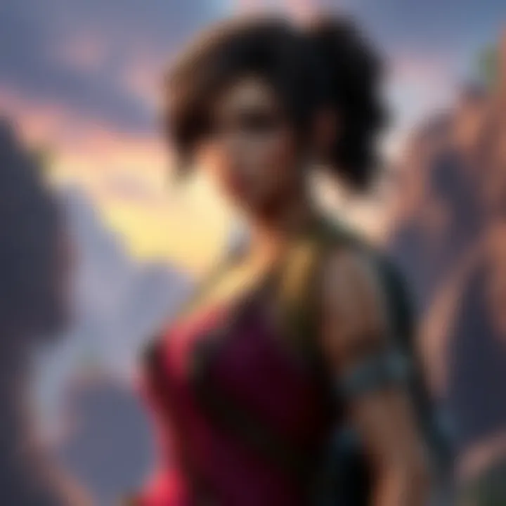 Nadine stands confidently, showcasing her fighting skills and strategic mindset with a determined expression, set against a backdrop of adventure.