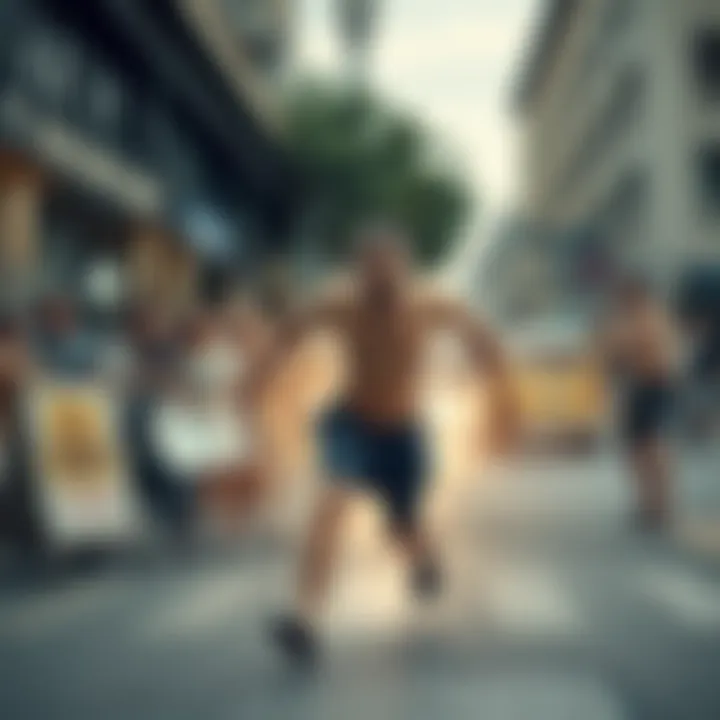 A man runs through a street in the nude, looking frantic as bystanders react in surprise. The scene captures the confusion of a daring escape gone wrong.