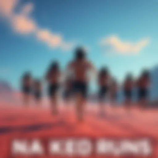 A group of gamers participating in naked runs, showcasing their characters without armor or weapons in a virtual landscape.