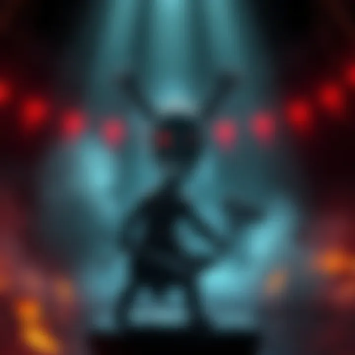 A warrior facing the Nameless Puppet boss in a dark, mysterious arena, showcasing intense combat and dramatic lighting.