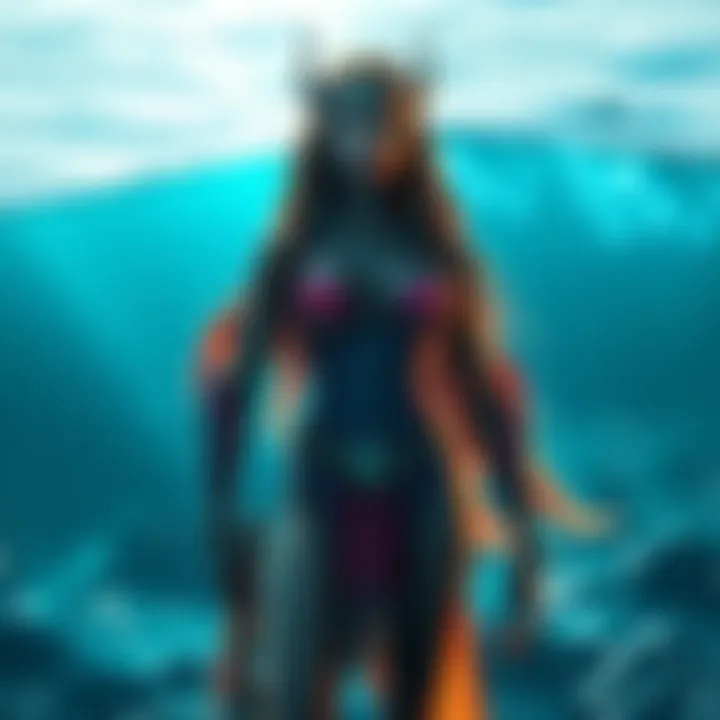 Namora character from Infinity Avatar standing confidently in vibrant ocean-themed attire, showcasing her power and connection to the water.