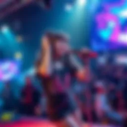 Nanatty captivates the audience with her powerful singing at an Otaku event, standing on stage with a microphone and a vibrant crowd in the background.