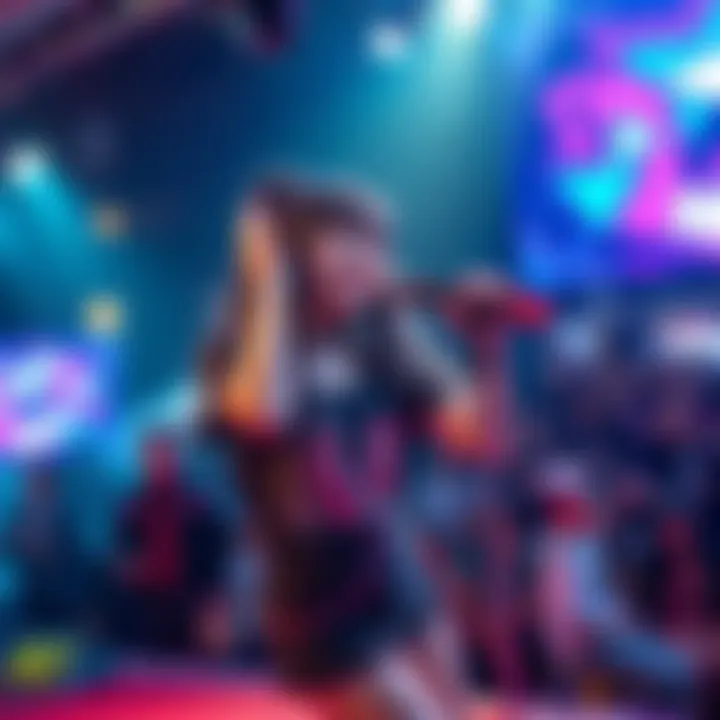 Nanatty captivates the audience with her powerful singing at an Otaku event, standing on stage with a microphone and a vibrant crowd in the background.