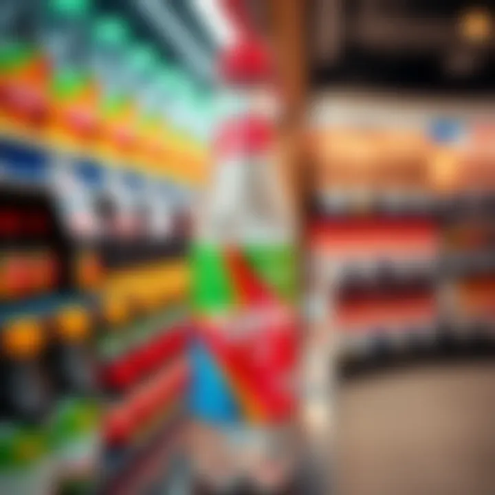 A close-up of a bright Nano Cola Dva bottle on a store shelf, showcasing its vibrant design and label.