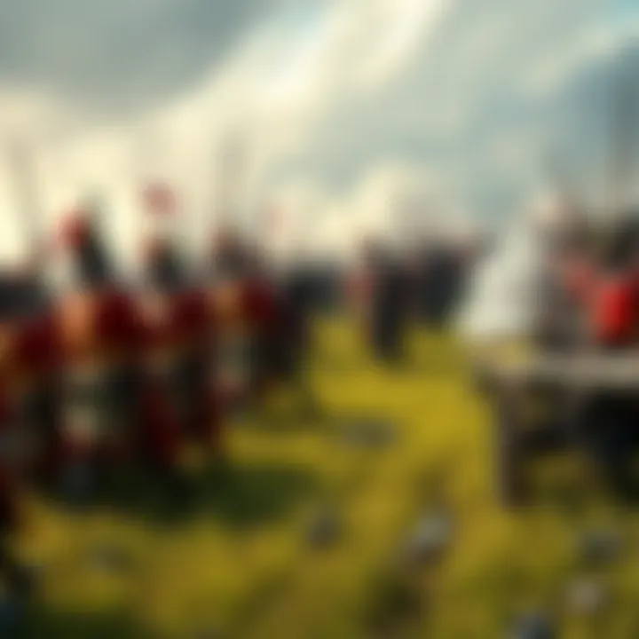 A large battle scene depicting soldiers in Napoleonic era uniforms, with muskets and cannons, engaging in combat on a grassy battlefield