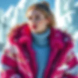 A model showcasing the latest permafrost fashion trends with vibrant colors and textures, surrounded by icy elements.