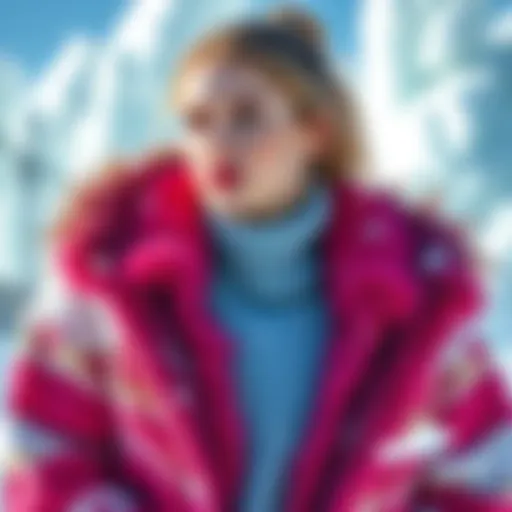 A model showcasing the latest permafrost fashion trends with vibrant colors and textures, surrounded by icy elements.