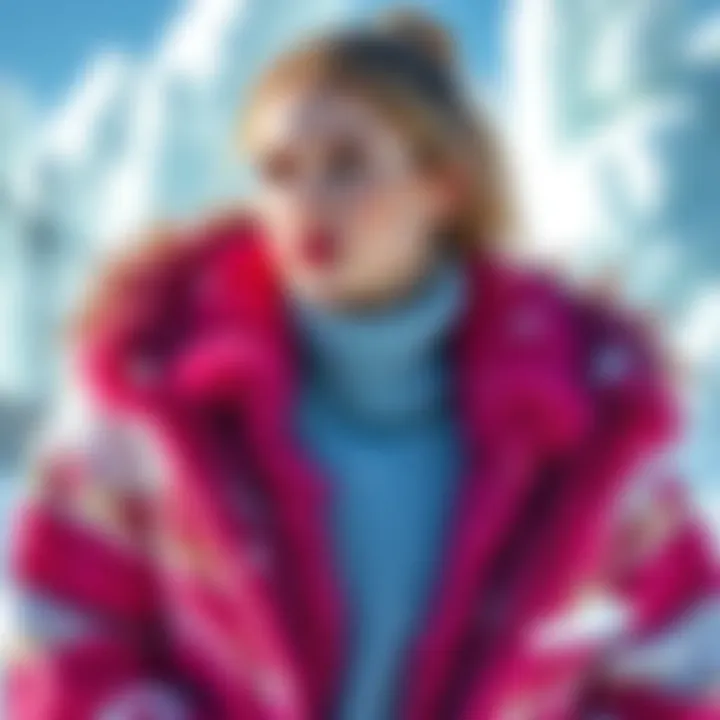 A model showcasing the latest permafrost fashion trends with vibrant colors and textures, surrounded by icy elements.