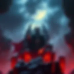 The Nasty King, a shadowy figure in dark royal attire, stands atop a rocky throne in the underworld, exuding an aura of power and menace.