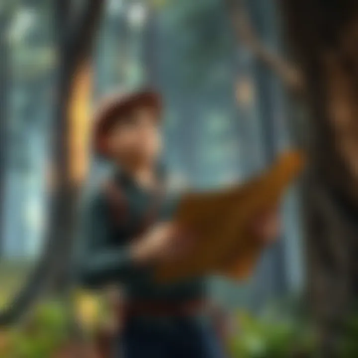 Nate looks thoughtful while standing in a forest, holding a treasure map and compass, considering his next adventure.