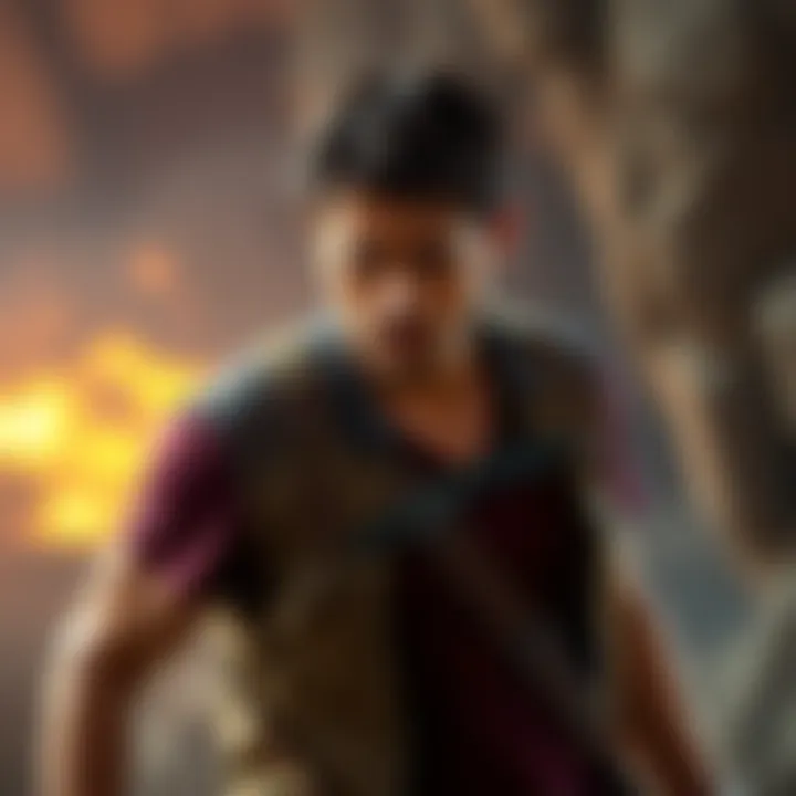 Nathan Drake Wearing Shoulder Straps Nathan Drake in the Uncharted movie showcasing his iconic shoulder straps during a dramatic scene