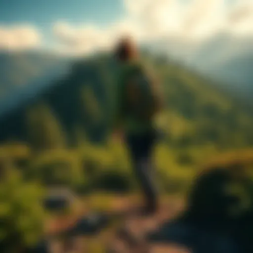 A person hiking through a lush green forest in the mountains, inspired by Firewatch, searching for adventure and new experiences.