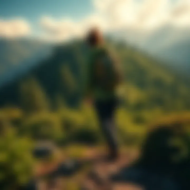 A person hiking through a lush green forest in the mountains, inspired by Firewatch, searching for adventure and new experiences.