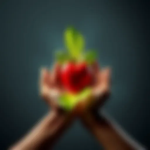 Two hands, one with leaves representing nature and the other holding a heart symbolizing nurture, balancing each other.