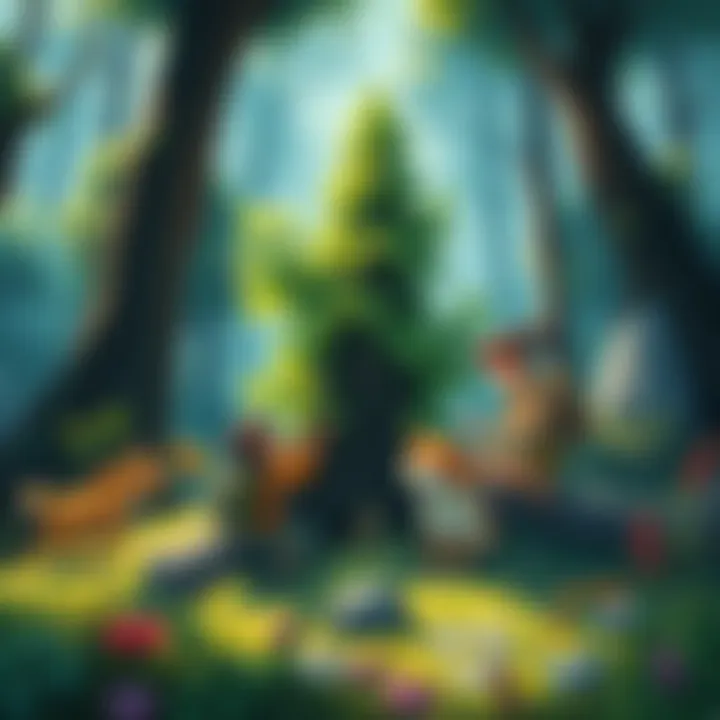 Illustration of a vibrant forest with characters helping animals and plants. A character is nurturing a tree while another tends to a wounded animal, highlighting themes of healing and nature.