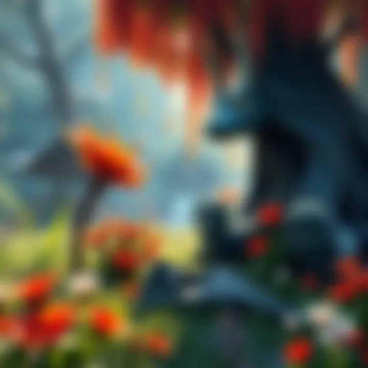 Nature restoration in a game scene A vibrant game world being rejuvenated with flowers and greenery, symbolizing healing nature