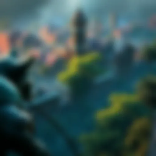 A view of Raccoon City overrun by lush plant life and mutated animals, depicting a transformed environment after years of abandonment.