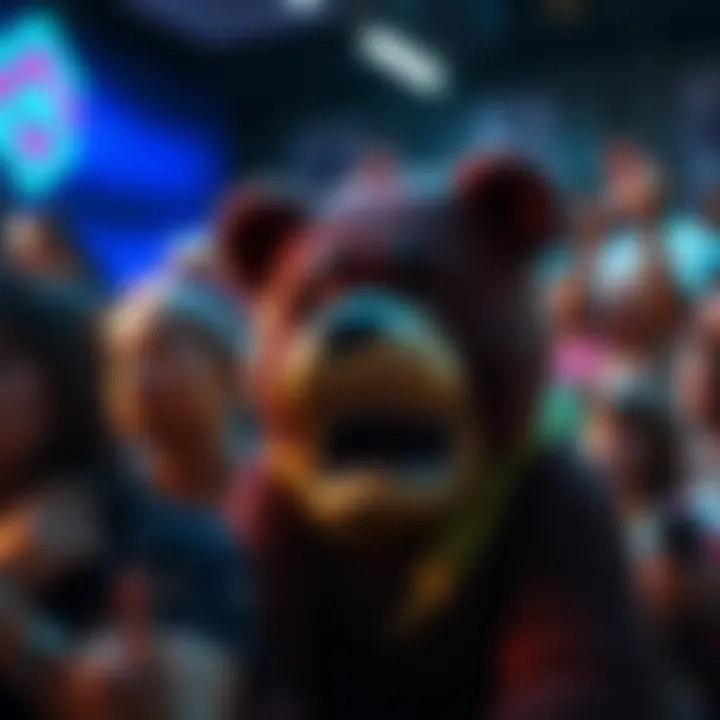 Naughty Bear with a saddened expression, surrounded by confused fans, reacting negatively to an event