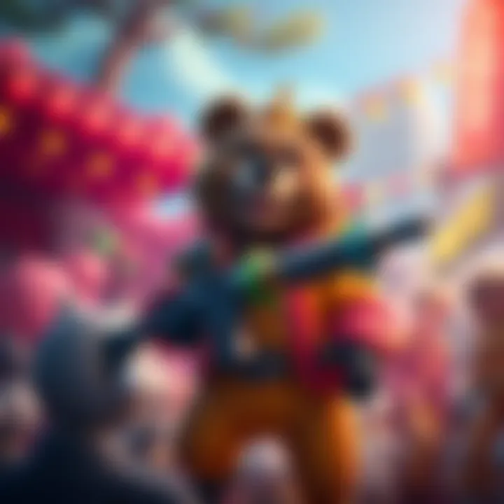 A cheerful bear dressed in a bright outfit, holding a comically oversized weapon, surrounded by vibrant cartoonish scenery that contrasts with dark themes.