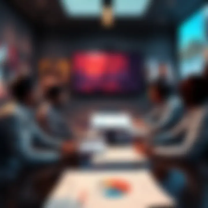 Naughty Dog developers discussing TLOU Online project in a meeting room, with game concept art on the walls and charts on the table