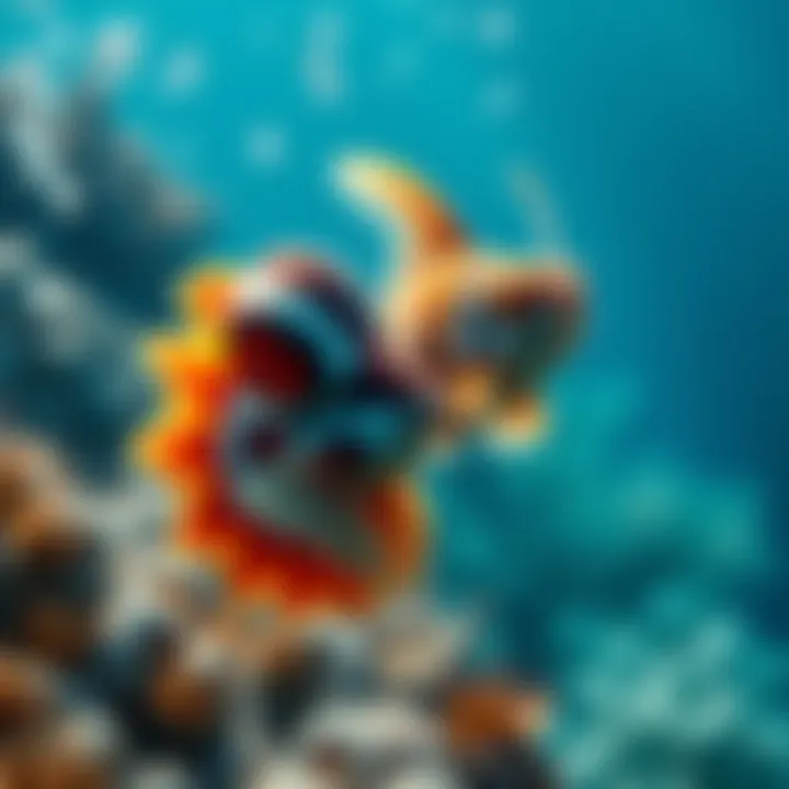 Nautilus and Diriga Underwater A Nautilus and Diriga swim together in the ocean, showcasing their unique colors and shapes in a vibrant marine setting.