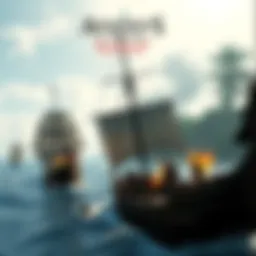 Naval battle in Assassin's Creed Black Flag Resynced An action-packed scene showcasing a naval battle in Assassin's Creed Black Flag Resynced with ships engaged in combat against a backdrop of tropical scenery.